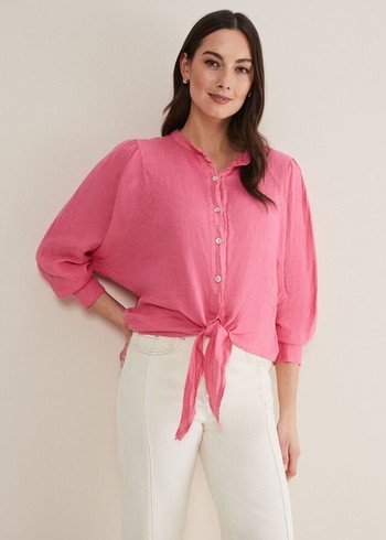 Phase Eight Raelynn Tie Front Linen Shirts Pink Canada | LNPGFX-095